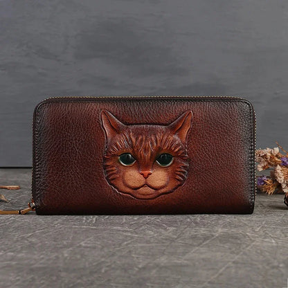 Genuine Leather Long Wallet for Women Purse ID/Credit Card Cash Holder Cat Pattern Retro Female Cowhide Money Purses Bag