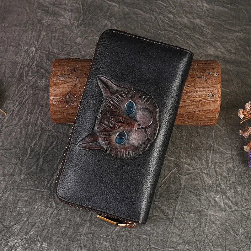 Genuine Leather Long Wallet for Women Purse ID/Credit Card Cash Holder Cat Pattern Retro Female Cowhide Money Purses Bag