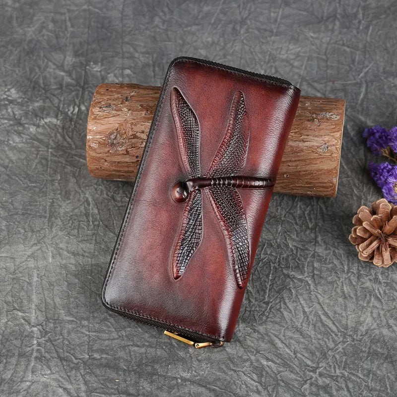 Genuine Leather Long Wallet for Women Purse ID/Credit Card Cash Holder Dragonfly Retro Designer Female Cowhide Money Clutch Bag