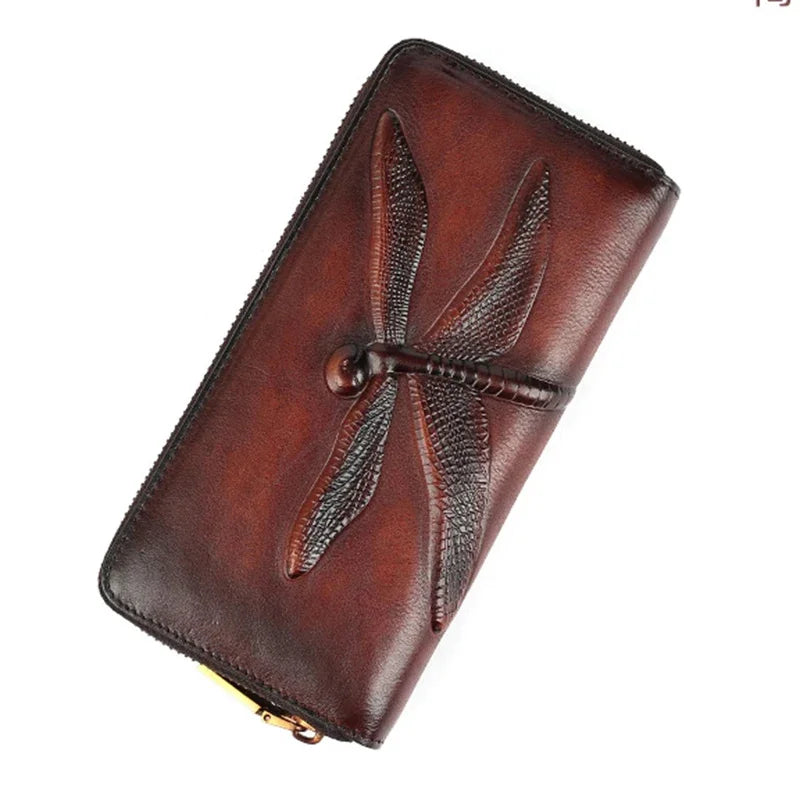 Genuine Leather Long Wallet for Women Purse ID/Credit Card Cash Holder Dragonfly Retro Designer Female Cowhide Money Clutch Bag