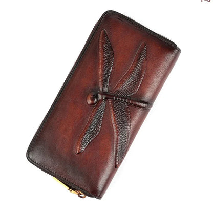 Genuine Leather Long Wallet for Women Purse ID/Credit Card Cash Holder Dragonfly Retro Designer Female Cowhide Money Clutch Bag
