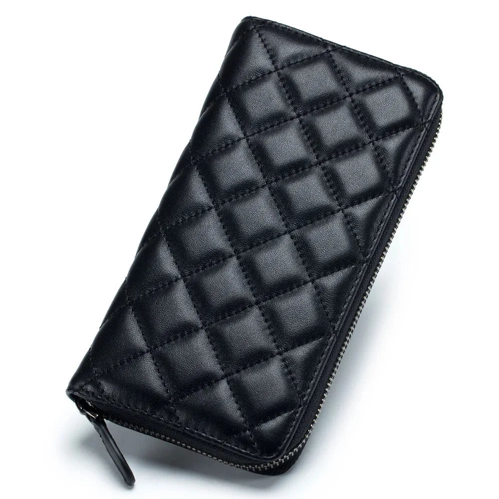 Genuine Leather Long Wallets for Woman Luxury Sheepskin Quilted Diamond Female Purse Large Capacity Business Credit Card Holder