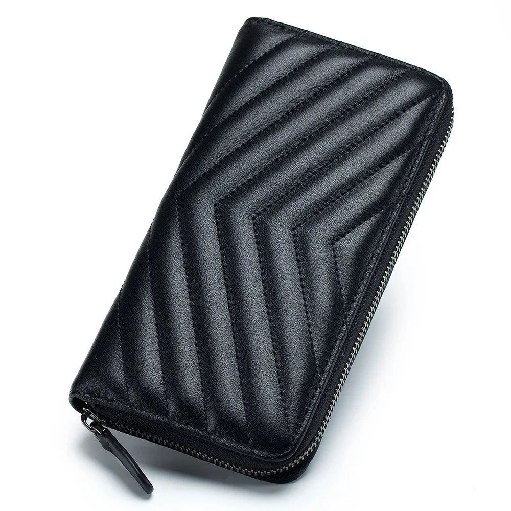 Genuine Leather Long Wallets for Woman Luxury Sheepskin Quilted Diamond Female Purse Large Capacity Business Credit Card Holder