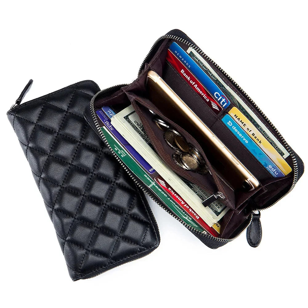Genuine Leather Long Wallets for Woman Luxury Sheepskin Quilted Diamond Female Purse Large Capacity Business Credit Card Holder
