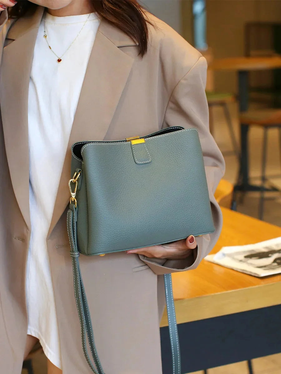 Genuine Leather Luxury 2024 Women's Bag Trend handbag bags for women Black BrownTote 3-layer high capacity Bucket Crossbody