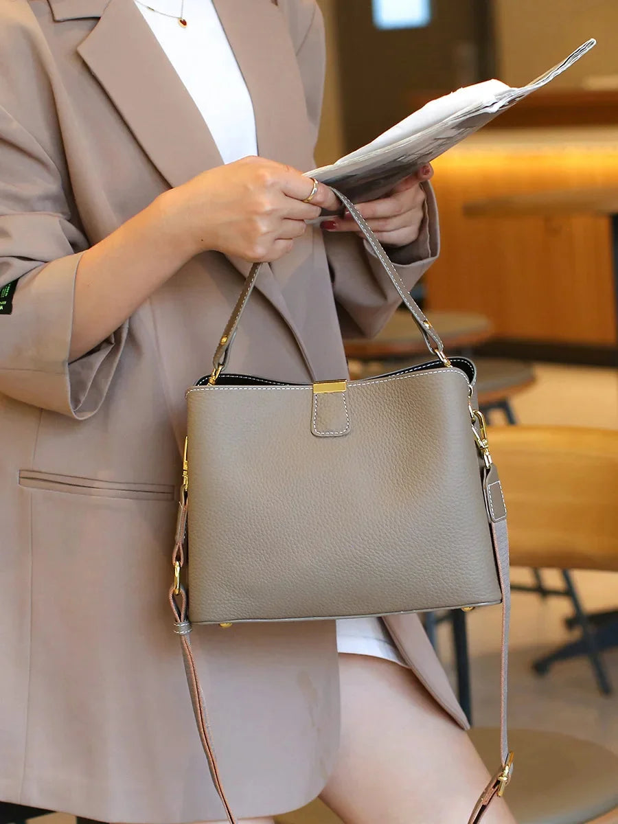 Genuine Leather Luxury 2024 Women's Bag Trend handbag bags for women Black BrownTote 3-layer high capacity Bucket Crossbody