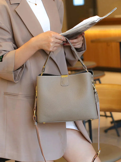 Genuine Leather Luxury 2024 Women's Bag Trend handbag bags for women Black BrownTote 3-layer high capacity Bucket Crossbody