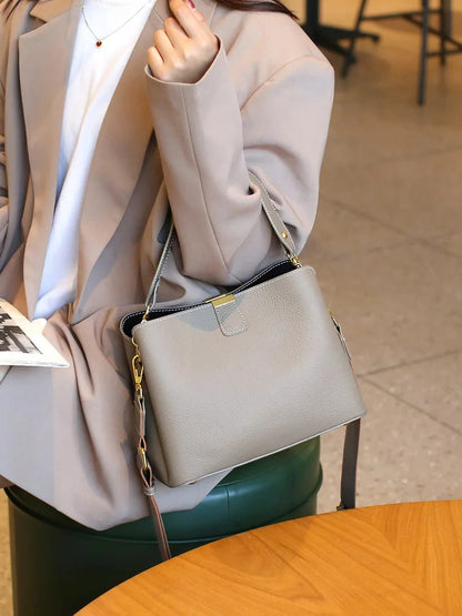 Genuine Leather Luxury 2024 Women's Bag Trend handbag bags for women Black BrownTote 3-layer high capacity Bucket Crossbody
