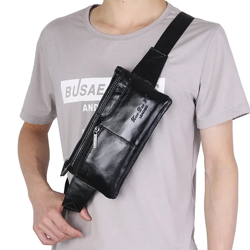 Genuine Leather Man Belt Pouch MultiFunction Chest Cowhide Men Waist Phone Fashion Fanny Pack Male Shoulder Bag