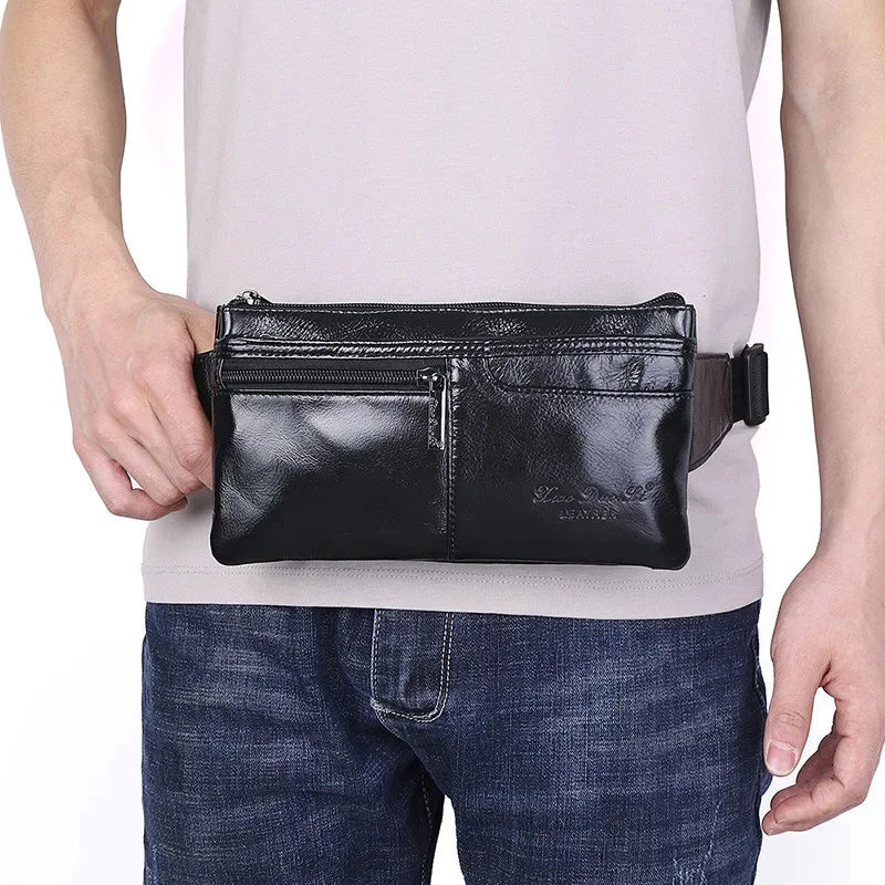 Genuine Leather Man Belt Pouch MultiFunction Chest Cowhide Men Waist Phone Fashion Fanny Pack Male Shoulder Bag