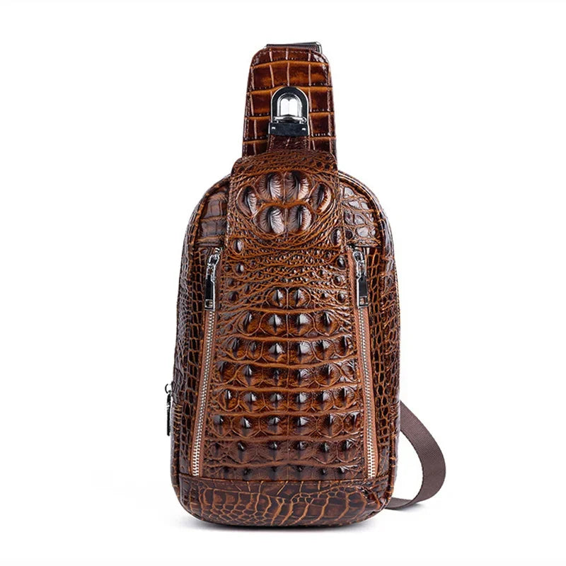Genuine Leather Men Chest Pack Shoulder Bag Retro Designer Crocodile Pattern Male Real Cowhide Cross Body Bags Sling Backpack