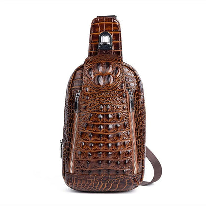 Genuine Leather Men Chest Pack Shoulder Bag Retro Designer Crocodile Pattern Male Real Cowhide Cross Body Bags Sling Backpack