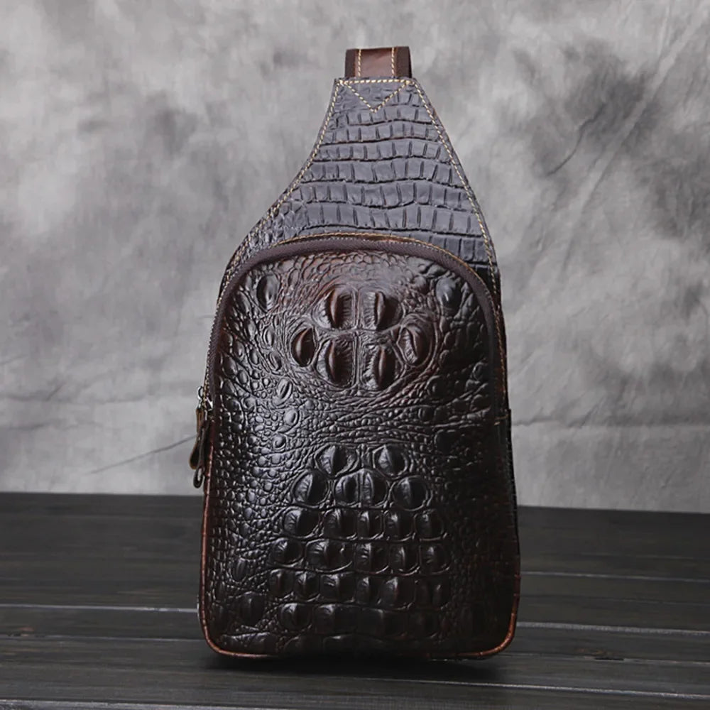 Genuine Leather Men Cross Body Chest Bag Sling Rucksack Knapsack Crocodile Style Real Cowhide Single Backpack Daypack