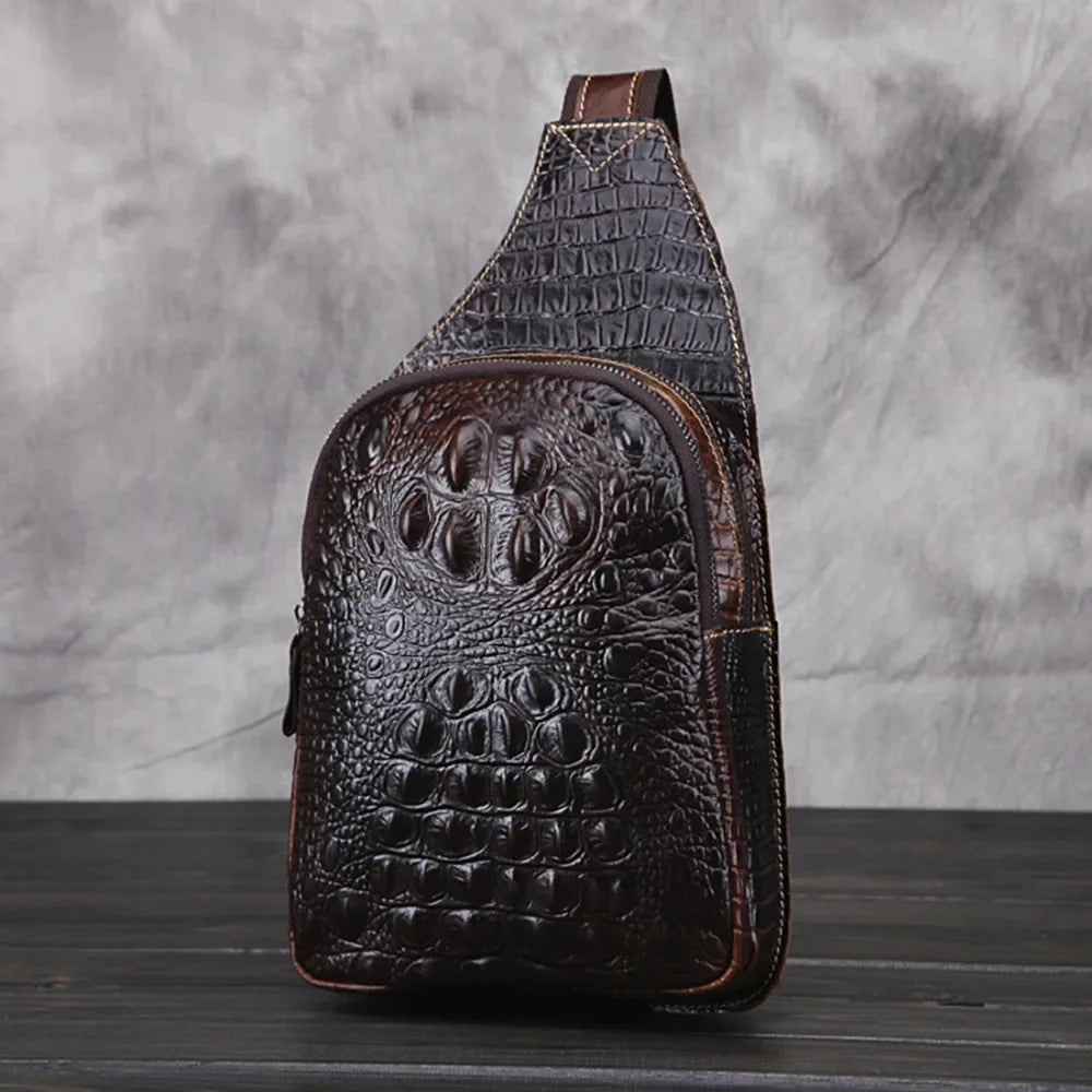 Genuine Leather Men Cross Body Chest Bag Sling Rucksack Knapsack Crocodile Style Real Cowhide Single Backpack Daypack