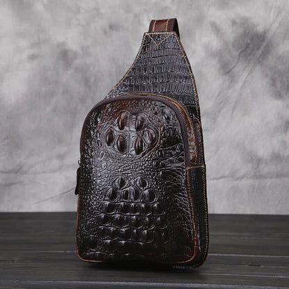 Genuine Leather Men Cross Body Chest Bag Sling Rucksack Knapsack Crocodile Style Real Cowhide Single Backpack Daypack