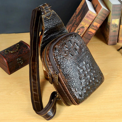Genuine Leather Men Cross Body Chest Bag Sling Rucksack Knapsack Crocodile Style Real Cowhide Single Backpack Daypack