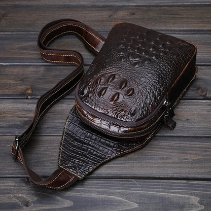 Genuine Leather Men Cross Body Chest Bag Sling Rucksack Knapsack Crocodile Style Real Cowhide Single Backpack Daypack