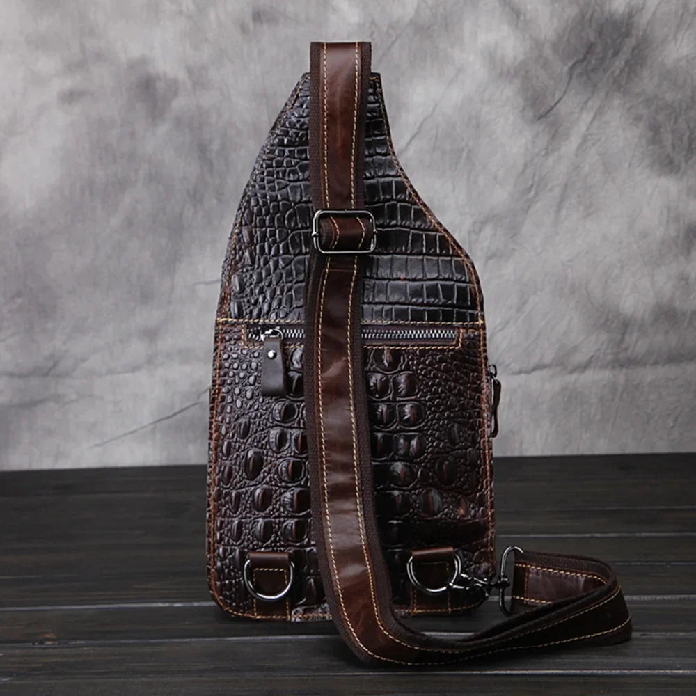 Genuine Leather Men Cross Body Chest Bag Sling Rucksack Knapsack Crocodile Style Real Cowhide Single Backpack Daypack