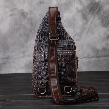 Genuine Leather Men Cross Body Chest Bag Sling Rucksack Knapsack Crocodile Style Real Cowhide Single Backpack Daypack