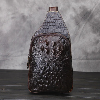 Genuine Leather Men Cross Body Chest Bag Sling Rucksack Knapsack Crocodile Style Real Cowhide Single Backpack Daypack