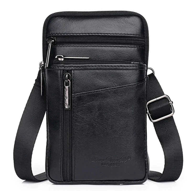 Genuine Leather Men Mini Cross body Shoulder Fanny Bags Casual Hook Cell Mobile Phone Case Messenger Belt Bag Purse Waist Pack