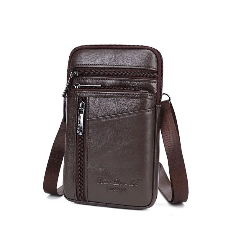 Genuine Leather Men Mini Cross body Shoulder Fanny Bags Casual Hook Cell Mobile Phone Case Messenger Belt Bag Purse Waist Pack