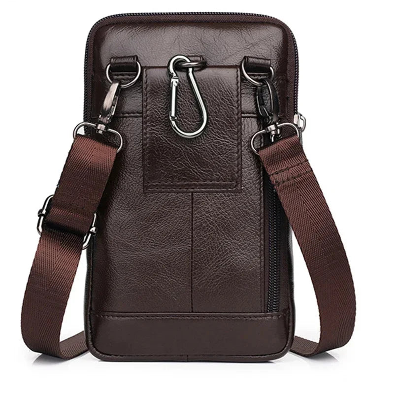 Genuine Leather Men Mini Cross body Shoulder Fanny Bags Casual Hook Cell Mobile Phone Case Messenger Belt Bag Purse Waist Pack