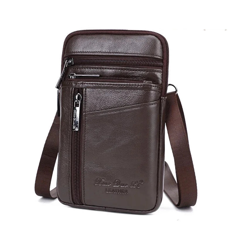 Genuine Leather Men Mini Cross body Shoulder Fanny Bags Casual Hook Cell Mobile Phone Case Messenger Belt Bag Purse Waist Pack