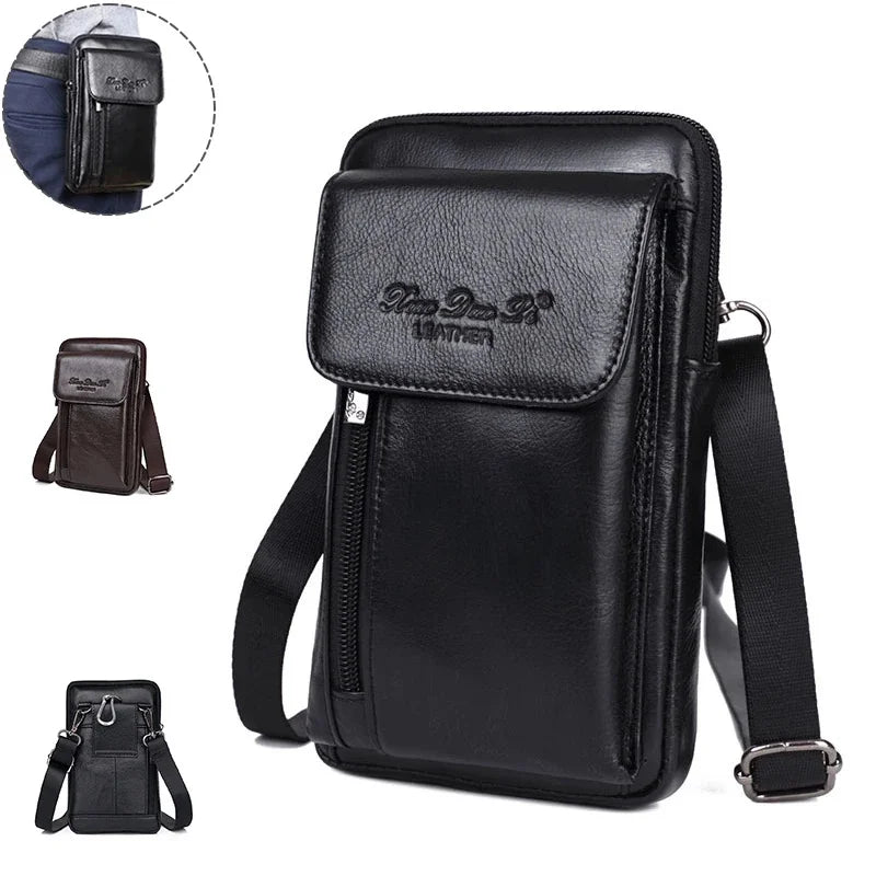 Genuine Leather Men Mini Messenger Shoulder Bag Cell Mobile Phone Case Male Real Cowhide Cross Body Hook Belt Fanny Waist Pack