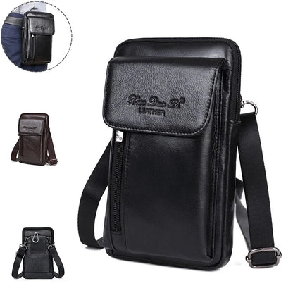 Genuine Leather Men Mini Messenger Shoulder Bag Cell Mobile Phone Case Male Real Cowhide Cross Body Hook Belt Fanny Waist Pack