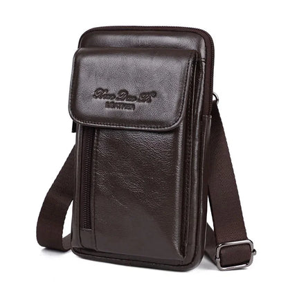 Genuine Leather Men Mini Messenger Shoulder Bag Cell Mobile Phone Case Male Real Cowhide Cross Body Hook Belt Fanny Waist Pack