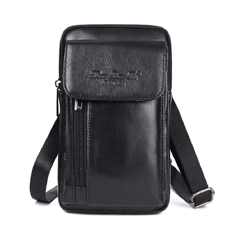 Genuine Leather Men Mini Messenger Shoulder Bag Cell Mobile Phone Case Male Real Cowhide Cross Body Hook Belt Fanny Waist Pack