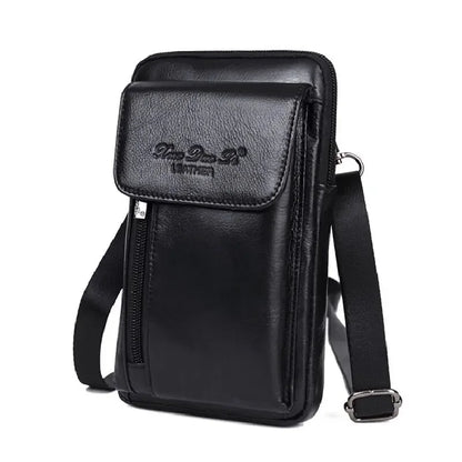 Genuine Leather Men Mini Messenger Shoulder Bag Cell Mobile Phone Case Male Real Cowhide Cross Body Hook Belt Fanny Waist Pack