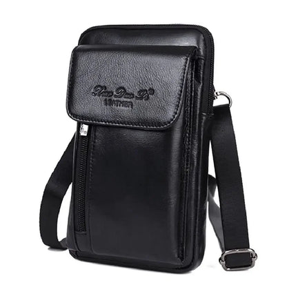 Genuine Leather Men Mini Messenger Shoulder Bag Cell Mobile Phone Case Male Real Cowhide Cross Body Hook Belt Fanny Waist Pack
