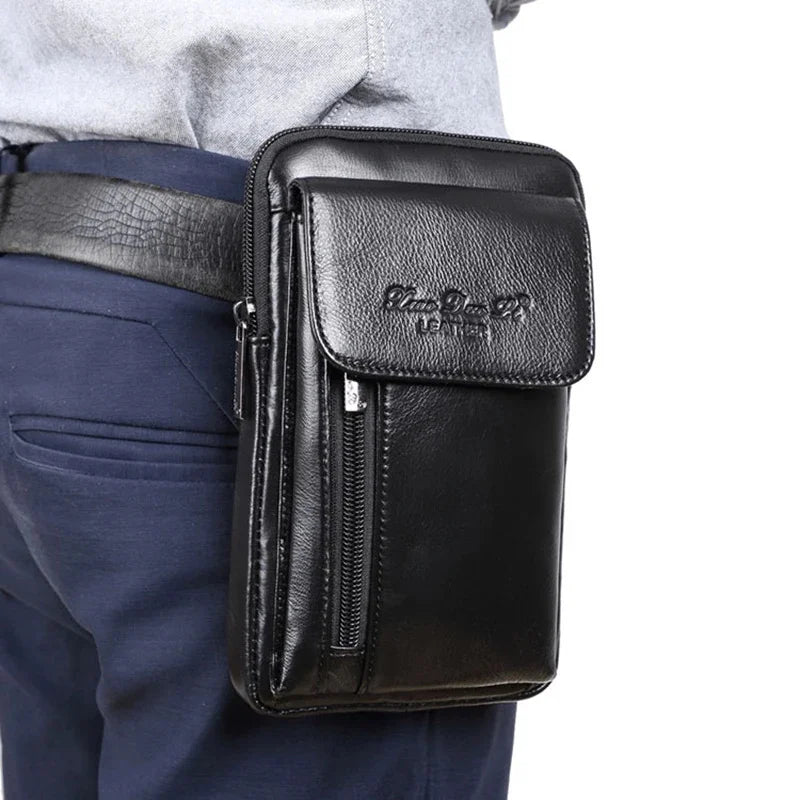 Genuine Leather Men Mini Messenger Shoulder Bag Cell Mobile Phone Case Male Real Cowhide Cross Body Hook Belt Fanny Waist Pack