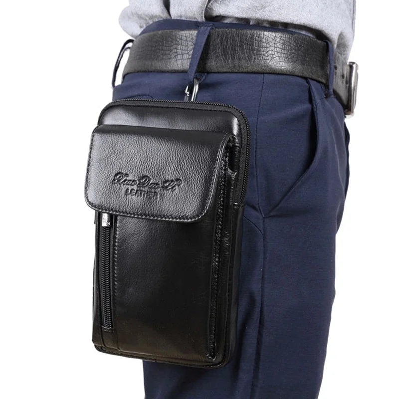 Genuine Leather Men Mini Messenger Shoulder Bag Cell Mobile Phone Case Male Real Cowhide Cross Body Hook Belt Fanny Waist Pack