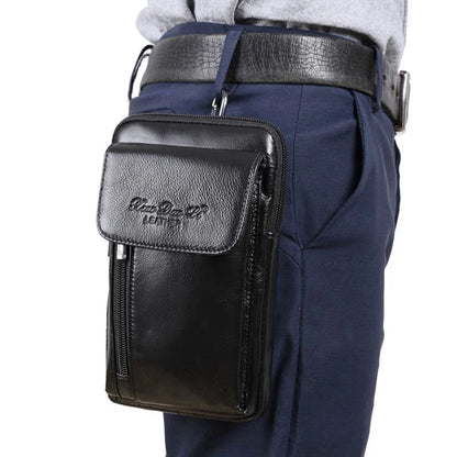 Genuine Leather Men Mini Messenger Shoulder Bag Cell Mobile Phone Case Male Real Cowhide Cross Body Hook Belt Fanny Waist Pack