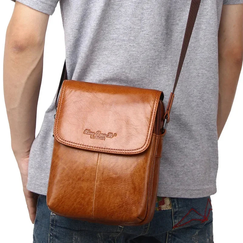 Genuine Leather Men Shoulder Messenger Luxury Cowhide Crossbody Vintage Small Travel Phone Bag For Male