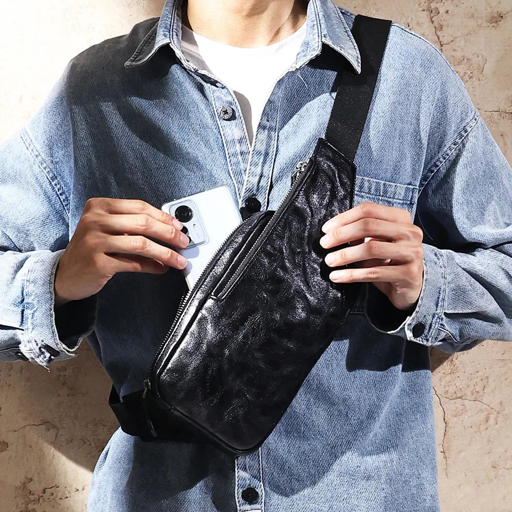Genuine Leather Men Sling Crossbody Vintage Mens Chest Pack Travel Casual Shoulder Bag Multipurpose Daypack