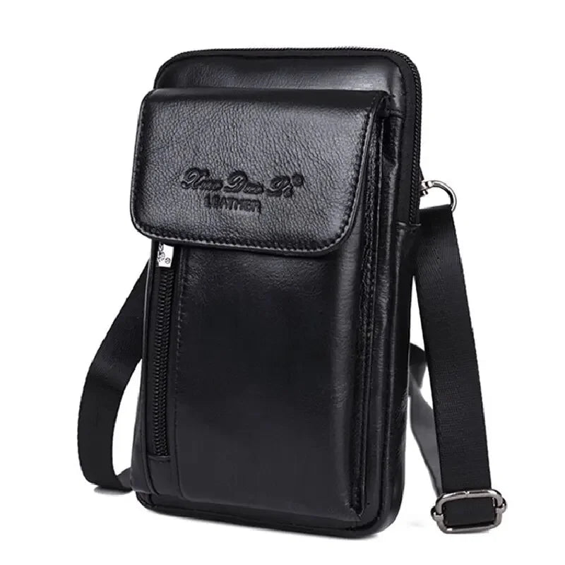 Genuine Leather Men Small Messenger Shoulder Bag High Quality Cell Mobile Phone Case Cross Body Fanny Waist Hook Belt Pack