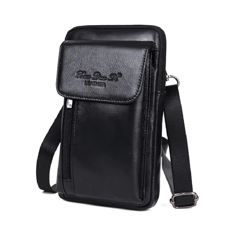 Genuine Leather Men Small Messenger Shoulder Bag High Quality Cell Mobile Phone Case Cross Body Fanny Waist Hook Belt Pack