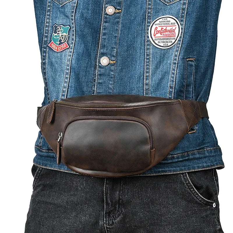 Genuine Leather Men Waist Pack Fanny Belt Bag Purse Travel Retro Crazy Horse Cowhide Male Sling Cross body Chest Hip Bum Bags