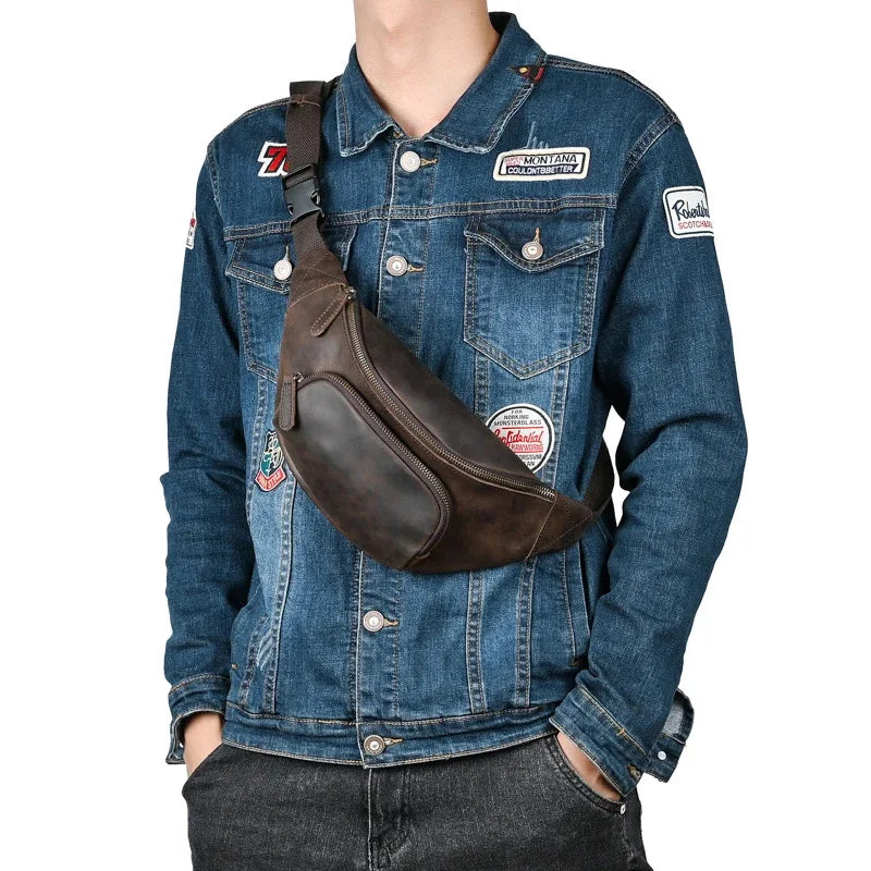 Genuine Leather Men Waist Pack Fanny Belt Bag Purse Travel Retro Crazy Horse Cowhide Male Sling Cross body Chest Hip Bum Bags