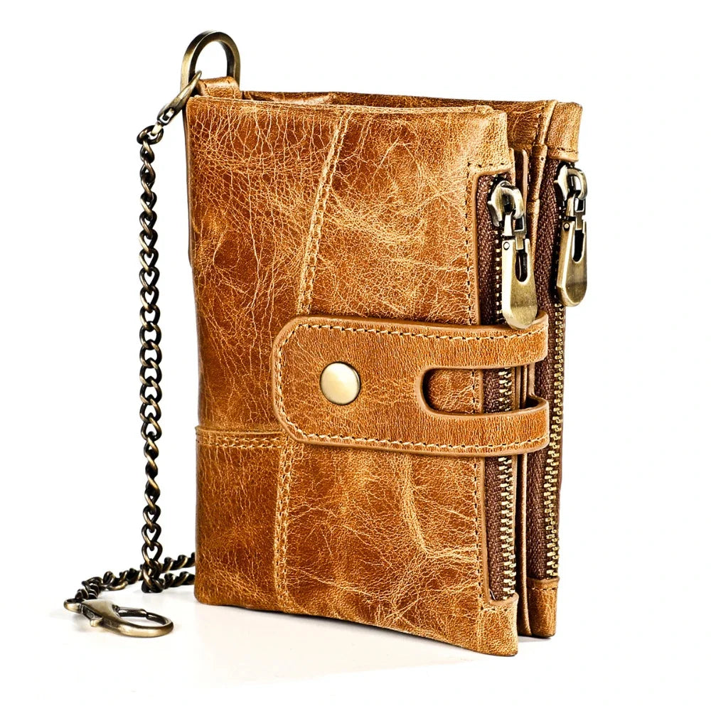 Genuine Leather Men's Anti Rfid Cowhide Chain Double Zipper Wallet