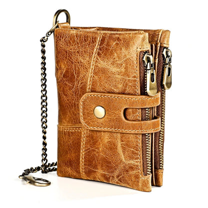 Genuine Leather Men's Anti Rfid Cowhide Chain Double Zipper Wallet