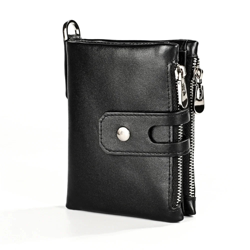 Genuine Leather Men's Anti Rfid Cowhide Chain Double Zipper Wallet