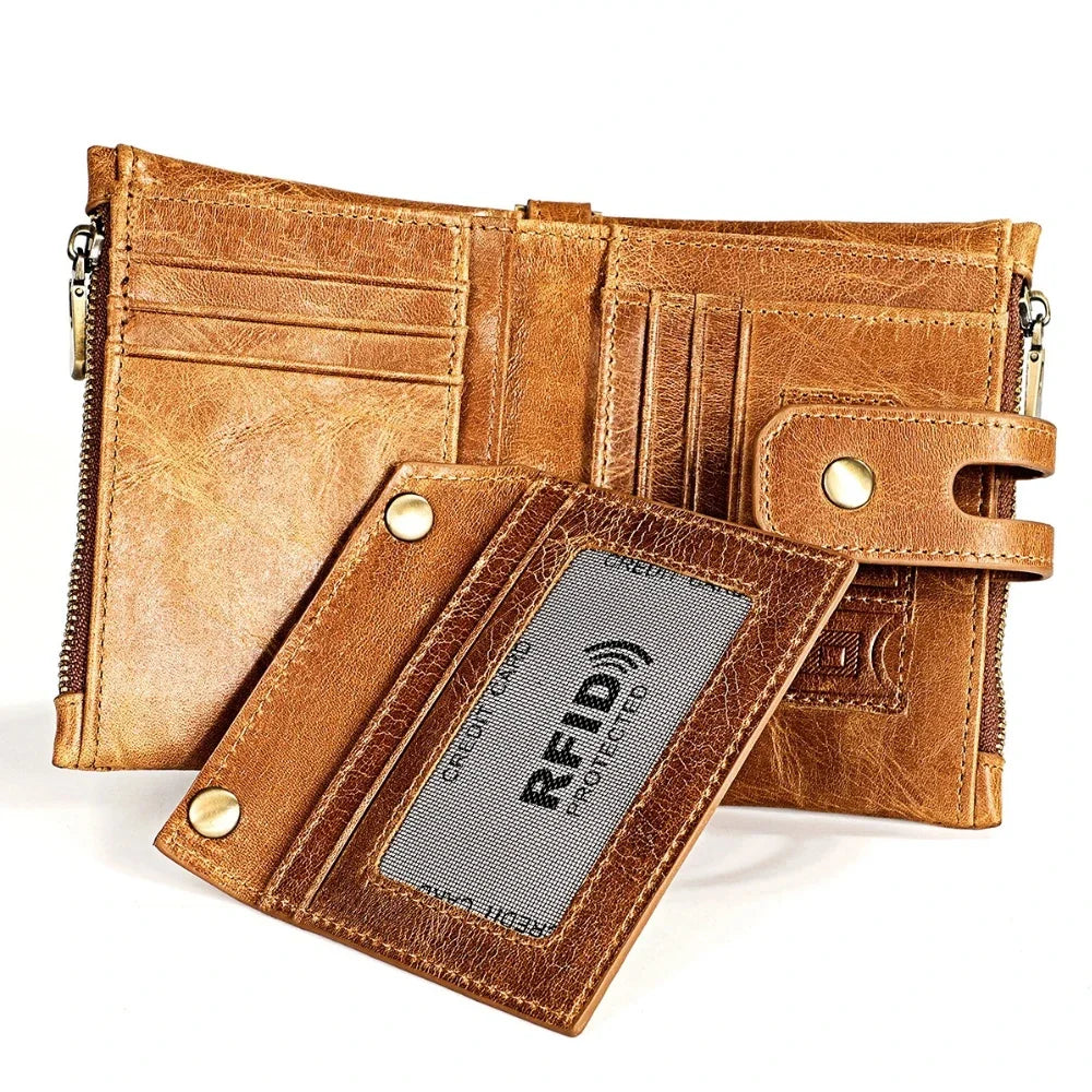 Genuine Leather Men's Anti Rfid Cowhide Chain Double Zipper Wallet