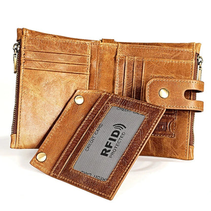Genuine Leather Men's Anti Rfid Cowhide Chain Double Zipper Wallet