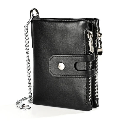 Genuine Leather Men's Anti Rfid Cowhide Chain Double Zipper Wallet