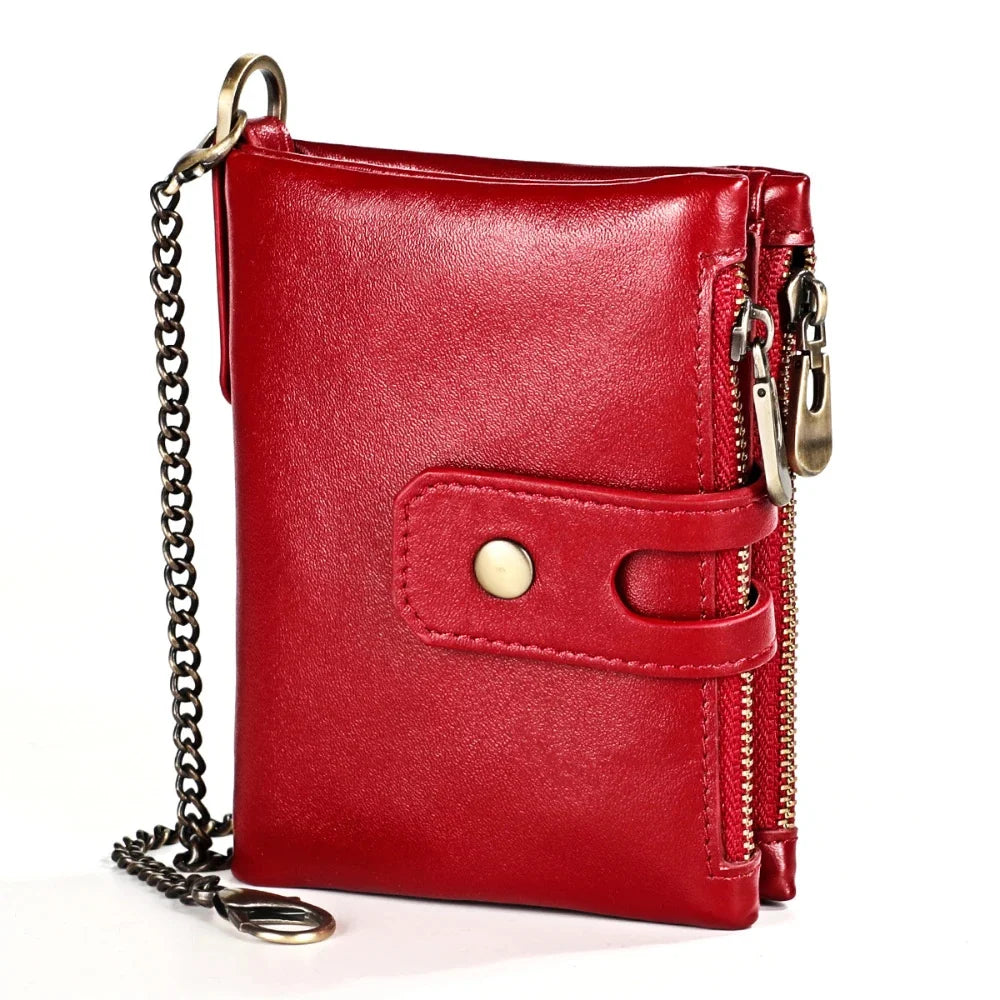 Genuine Leather Men's Anti Rfid Cowhide Chain Double Zipper Wallet